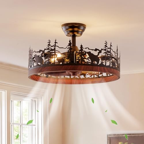 Monikessy Farmhouse Rustic Ceiling Fan with Light and Remote, 21.7' Flush Mount Enclosed Bladeless...