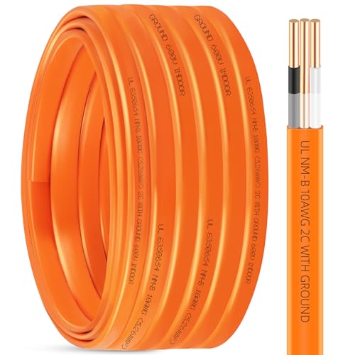 50ft NM-B 10/2 Wire with Ground 10 Gauge Copper Wire 10 AWG 2 Conductor Non-Metallic Sheathed NMB Copper Cable with Ground Residential Solid Indoor Electrical Wiring for Branch Circuit Switch Outlet