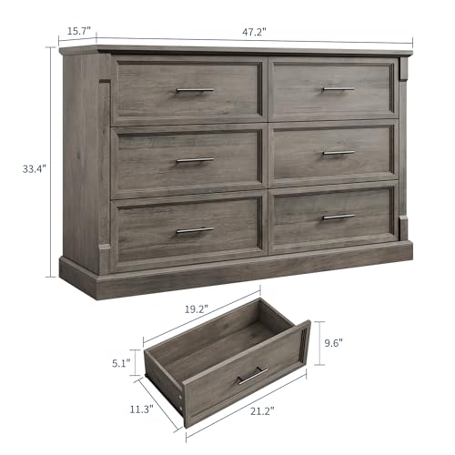 GarveeHome Farmhouse 6 Drawers Dresser, 47" Long Wood Closet Dressers Organizer, Rustic Chest of Drawers for Bedroom Living Room Hallway Entryway, Wash Grey