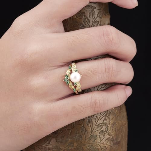 Natural White Pearl Engagement Ring Set for Women - Gold Pearl Rings for Women 10K 14K 18K Wedding Birthday Anniversary Jewelry Gifts for Mom Women (AAA Quality)2