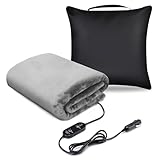 WODHMIEY Elektrische Auto-Heizdecke 12V/24V Reisedecke mit 3 Heizstufen & Timer, Waschbare Flanell-Heizdecke mit 2 m Kabel & Nappaleder-Aufbewahrungstasche als Kissen für Auto, LKW, Reisen 150x110 cm