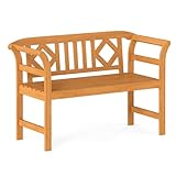 Tangkula Acacia Wood Outdoor Bench with Diamond Backrest, 2-Person Patio Wood Bench with Curved Armrests, Slatted Seat, Garden Bench Loveseat for Park, Yard, Lawn, Patio, 800 LBS Max Load