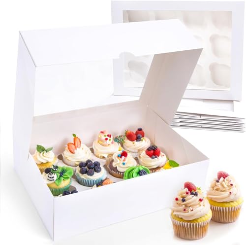 10 Pcs cupcake boxes 12 hole with multipurpose inserts Cupcakes in deep cake boxes White cup cake boxes with a clear window measuring 33 x 25.2 x 7.6 cm Perfect for Pastries Cupcakes and Muffins