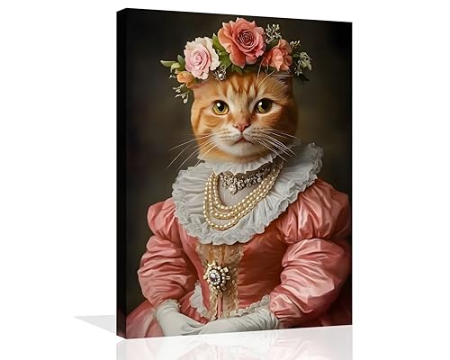 OWNANRTHM Gothic Cat Canvas Wall Art Lady Cat Poster for Wall Halloween Lady Cat Portrait Painting Wall Art Gothic Wall Art Funny Cat Pictures Cat Prints for Living Room Bedroom Framed 12X16 inch