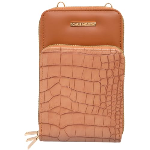 Carteira Feminina Croco com Alça, 18cm x 11cm, 3 Compartimentos, Caramelo, Zíper