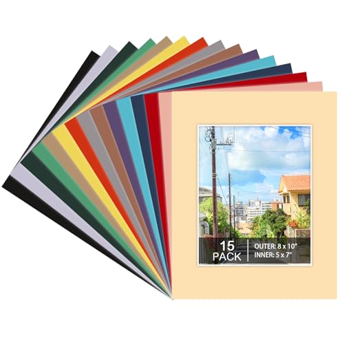 Prudiut 15 Pack 8x10 Picture Mats Mixed Colors Frame Mattes for 5x7 Pictures Photo Frame Mat Core Bevel Cut Mat Board Show Kit for Photos Prints Artworks