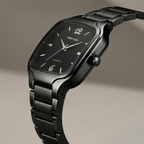 Image of Men's Analog Watch | Black Dial Square Stainless Steel Strap | Slim Quartz Wrist Watch for Men & Boys | Stylish Formal Casual Water Resistant Watch