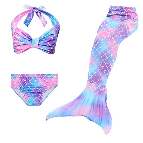 Swimmable Mermaid Tail Bikini Set 3Pcs No Monofin Princess Dress Girls Kids Cosplay Purple 6T #TOP1