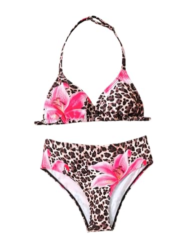 Image of RoseSeek Girl's Tie Dye Smocked 2 Piece Swimwear Sets Backless Halter Bikini Cute Brief Bathing Suit