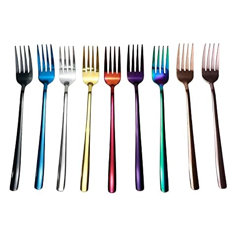 Quluxe 8 Inch Rainbow Dinner Fork, Stainless Steel Forks Colorful Titanium Plating Silverware- Multicolored (Pack of 9) Cover