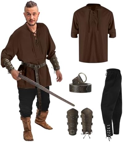 Costume Médiéval Set 5 Pièces - Ceinture, Protège-poignets, Sac, Collier, Bague - Cosplay Renaissance / Halloween