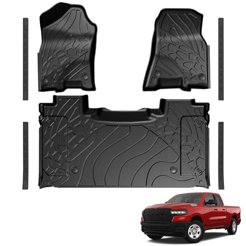 LUMWAY Floor Mats for 2019-2024 Dodge Ram 1500 New Body Crew Cab with Under-seat Storage (NOT Classic Models) TPE All Weather Durable Floor Liners Door Sill Guards for Dodge Ram 1500