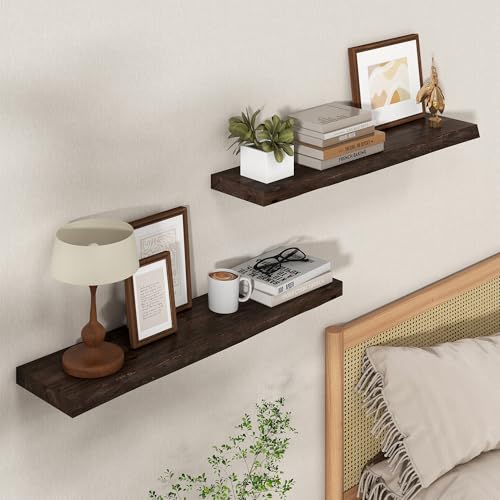 Image of Axeman 32 inch Floating Shelves for Wall Live Edge, Walnut, 2PCs | 8'' D Rustic Solid Elm Wood, Wall Mounted, Wall Shelves, Invisible Bracket, Living Room Bedroom Kitchen