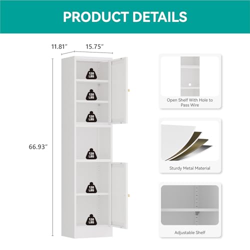 Image of 67 inch Tall Narrow Storage Cabinet with Doors and Open Shelf,Metal Pantry Cabinet,Shaker Style Slim Cabinet with Adjustable Shelves,for Bathroom Kitchen Laundry Small Spaces,White,1Pc