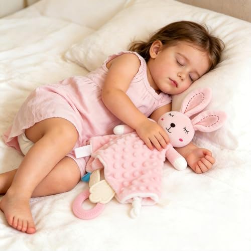 Image of ZIGJOY Baby Girl Lovey, Pink Bunny Security Blanket with Crinkle & Teether | Raised dot flannel and short plush add cozy texture for grasping, cuddling and play.
