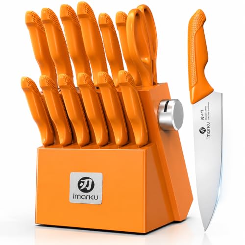 Image of imarku 14-piece Japanese knife set, sharp, non-slip, gift box, yellow | High-carbon stainless steel, built-in sharpener, space-saving design, ideal for everyday cooking and as a gift