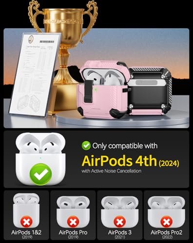 Image of Pohgelan Compatible with AirPods 4 Case Carbon Fiber Texture(Pink) | Magnetic Automatic Lock with Phone Stand & Cleaning Kit,Compatible with Magsafe