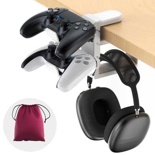 Image of 3in1 Rotating Headphone Holder - EURPMASK 3in1 PC Gaming Headset Holder w /Detachable Controller Holder, Adjustable Clamp-on Headset Stand,Headphone Hanger Hook Under Desk w /Cable Clip Organizer