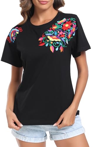 Women's Mexican Shirts Embroidered Tops Floral Tunic Summer T Shirt Short Sleeve Top Cotton Peasant Blouse4