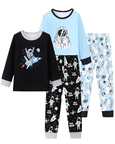 Mikrdoo 3T Boys Pajamas 4-Piece Toddler Boys Pajamas Soft Pjs Sleepwear Sets for Kids, Black&Blue Astronaut