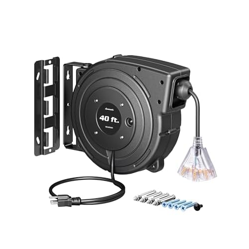 DEWENWILS Extension Cord Reel, 40FT Retractable Cord Reel, 12/3AWG SJTOW, Lighted Triple Tap Outlets, 15 Amp Circuit Breaker, Ceiling/Wall Mount, UL Listed Black,3 Outlet