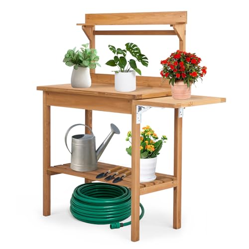 Outdoor Potting Bench Garden Work Station, Solid Wood Planting Table w/Sink Drawer Shelves,Metal Top, Folding Patio Furniture for Porch Balcony (45.3 x 17.9 x 51.2(Fir Wood Color))