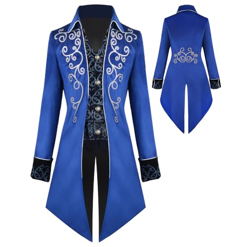 Veste Gothique Steampunk Vintage pour Homme avec Queue-de-Morue - Costume de Carnaval et Halloween - Vêtements Médiévaux, Bleu, XL