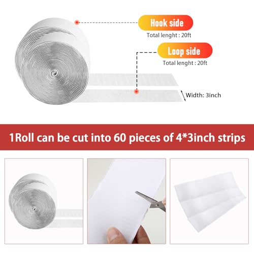 Image of 20Ft *3 Inch Hook and Loop Tape with Adhesive Back, Heavy Duty Double Sided Adhesive Strips, Strong Sticky Strips Roll for Home /Office /School /Car, White
