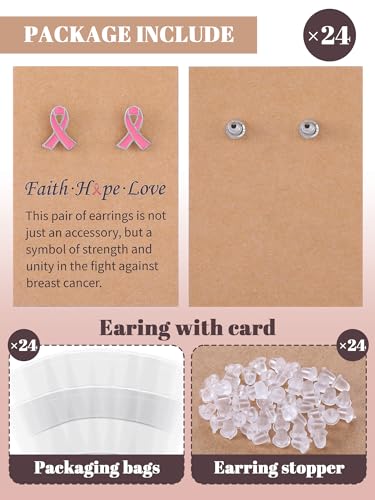 24 Pairs Pink Ribbon Stud Earrings Breast Cancer Awareness Earrings for Women with Motivational Jewelry Gift Set with Card for Breast Cancer Awareness Month Jewelry Supplies2