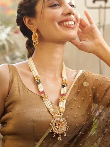 Image of Rubans Pearl Long Necklace Set Gold Plated Traditional Stylish Jewellery Gift for Women & Girls