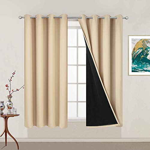 Image of Yakamok Beige 100% Blackout Curtains Energy Saving Thermal Insulated 2 Thick Layers Completely Blackout Drapes with Black Liner for Bedroom (52Wx54L, Beige, 2 Panels)