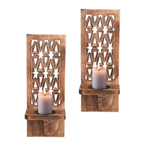 Image of Handcrafted Wooden Wall Candle Sconces - Set of 2, 16 Inch Pillar Candle Holders, Decorative Wooden Wall Candle Sconces, Rustic Wooden Wall Candle Sconces Perfect for Christmas,New Year -Natural Burnt