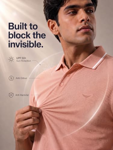 Image of NOBERO Men's Travel Polo T-Shirt | Premium Cotton Stretch Fabric | Anti-Odor & Water-Repellent | UPF 50+ Sun Protection | Regular Fit Polo Collar Casual Wear