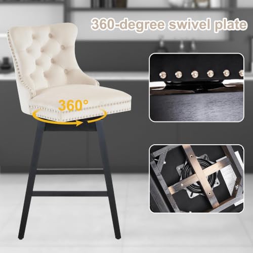 Image of Beige Swivel Bar Stools, Velvet Counter Height Bar Stools Set of 6 | 360 Swivel Bar Chairs, Solid Wood Legs, Upholstered Kitchen Island Stools, Modern Extra Wide Seat (Beige, 30 inch H, 6 Pack)
