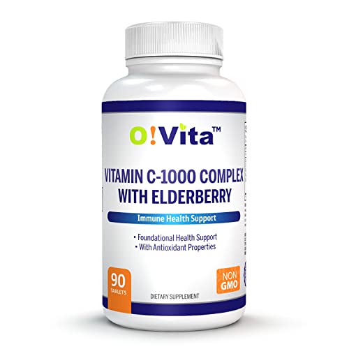 O!VITA Vitamin C-1000 Complex with Elderberry (Sambucus Nigra), Supports Immune Health and Energy Levels, up to 3-Month Supply, (90 Vegan Tablets)