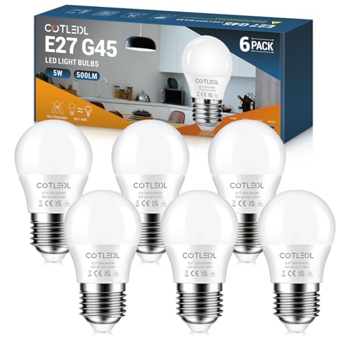 COTLEDL E27 LED Bulbs 5W Edison Screw (ES) Bulb Equivalent 40W Incandescent, Cool White 6000K Energy Saving 500LM, G45 Golf Ball Light Bulb, Not Dimmable No Flicker Lamps, 6 Pack