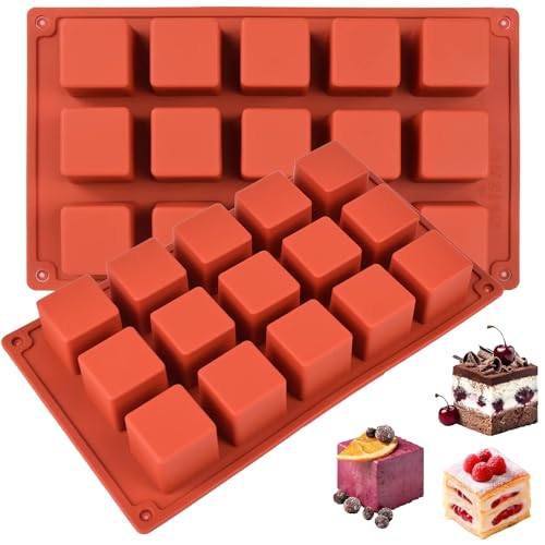 YJWYDM Square Silicone Mold, Cube Mousse Cake French Dessert Baking Molds, 2 Pack 15 Cavity Lollipop Silicone Molds for Soap, Candy Chocolate Cubes, Ice cream,Truffle,Brownie