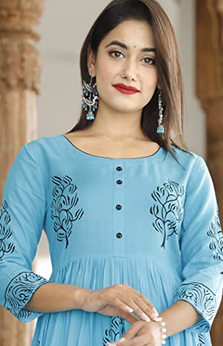 Image of TARANJAL Women's Rayon Anarkali Hand Block Printed Kurti