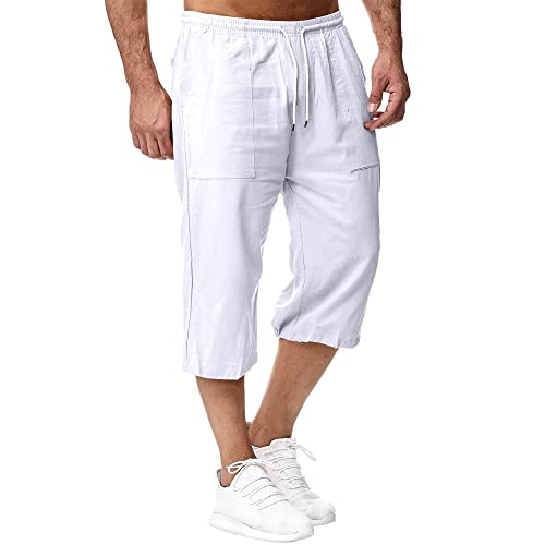 Sprifloral Pantalon court en lin pour homme 3/4 longueur - Pantalon d’été - Pantalon de plage - Pantalon de yoga - Joggers décontractés, blanc, 3XL