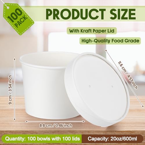 Image of Fulmoon 20 oz 100 Pack Paper Containers with Lids Soup Bowl Cup, White | Disposable Ice Cream Cup, Kraft Food Containers with Vented Lid Stackable for Hot Soup Dessert Cake Fruit Microwave Takeout