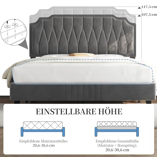 Yaheetech Polsterbett Doppelbett 140 × 200 cm Stoffbett Jugendbett Gepolstertes Bett mit höhenverstellbarem Kopfteil Bettrahmen mit Lattenrost, Dunkelgrau