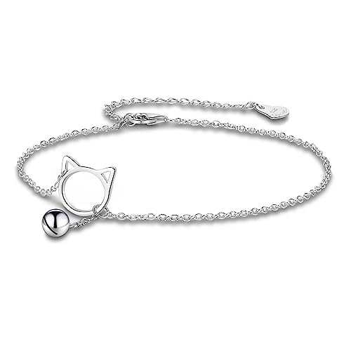 Dankadi Bracelet avec Petit Chat Grelot en 925 Argent, 20CM Réglable Chaîne de Gourmette Breloque Animal Élégant Été Plage Anniversaire Cadeau de Bijoux...