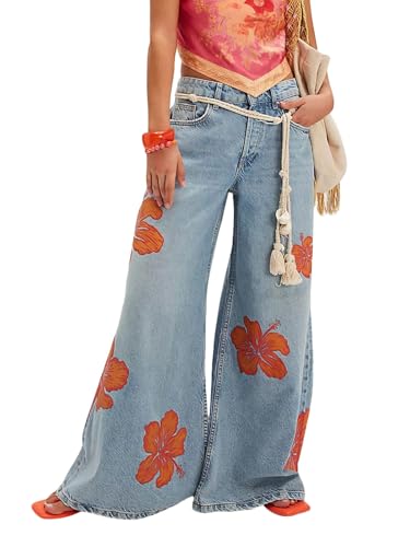 utcoco Womens Trendy Floral Print Wide Leg Jeans Stylish Y2K Low Rise Denim Maxi Pants Vintage Jean Trousers