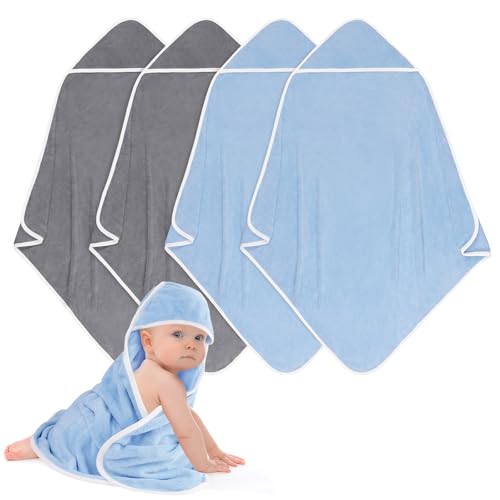 Image of UNIMADE Hooded Towel for Newborns, 4 Pack Soft Coral Fleece Baby Bath Towels, Ultra Absorbent Baby Towels Bulk for Infants, Toddlers, Newborn Essential- 30 x 30 inch - Grey & Blue