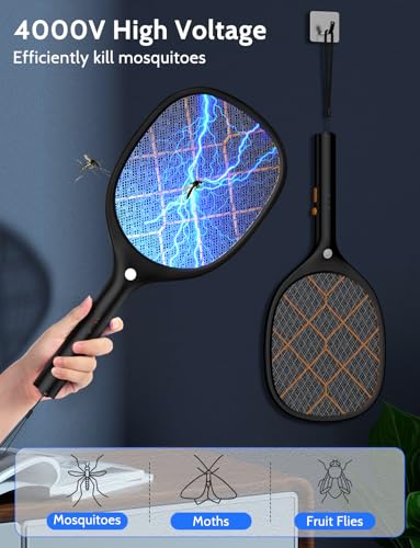 YISSVIC Electric Fly Swatter Bug Zapper Racket 4000V Rechargeable Mosquito Killer with LED Light for Indoor Home Office Backyard Patio Camping (1, Black Orange)