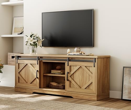 Image of WAMPAT Farmhouse Style TV Stand for 60-75 inch TV w /Distressed Wood Finish