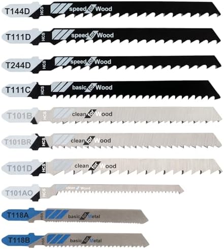 Jigsaw Blades, 10 Piece Jig Saw Blades, Assorted T-Shank jig Saw Blades for Wood, Metal and Plastic Cutting(T111D, T101AO, T101BR, T101D, T101B, T118A, T118B, T144D, T244D,T111C)