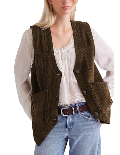HangNiFang Casual Corduroy Vest for Women Button Down Versatile Sleeveless Outerwear Waistcoat with Pockets