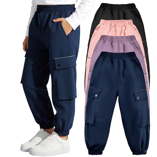 Tokeya Pantalones Cargo Impermeables Niños Pantalón Senderismo Trekking Cintura Elástica con Bolsillos Transpirables Forro de Malla Pantalones Cargo Jogger Exteriores para 10 11 Años, Azul Marino