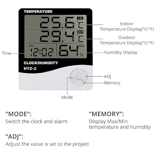 Image of AERYS HTC-2 Digital Hygrometer Thermo-Meter Humidity Meter with Alarm Clock LCD Display (HTC2)